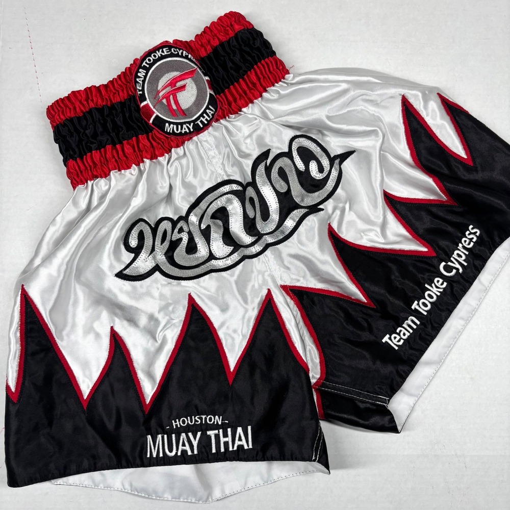 Team Tooke‎ Muay Thai Boxing Shorts XL White Red Black Stretch Elastic MMA EUC